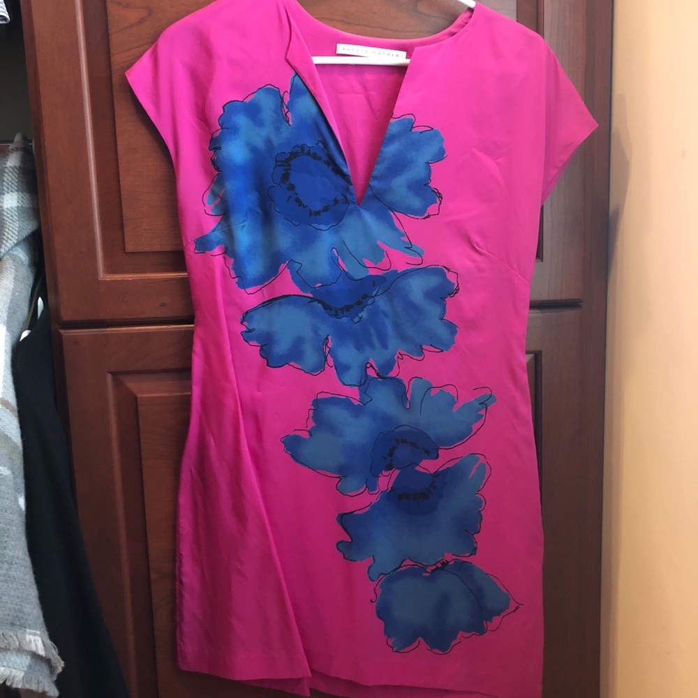 Bright Pink Floral Shift Dress with Blue Bloom Accents